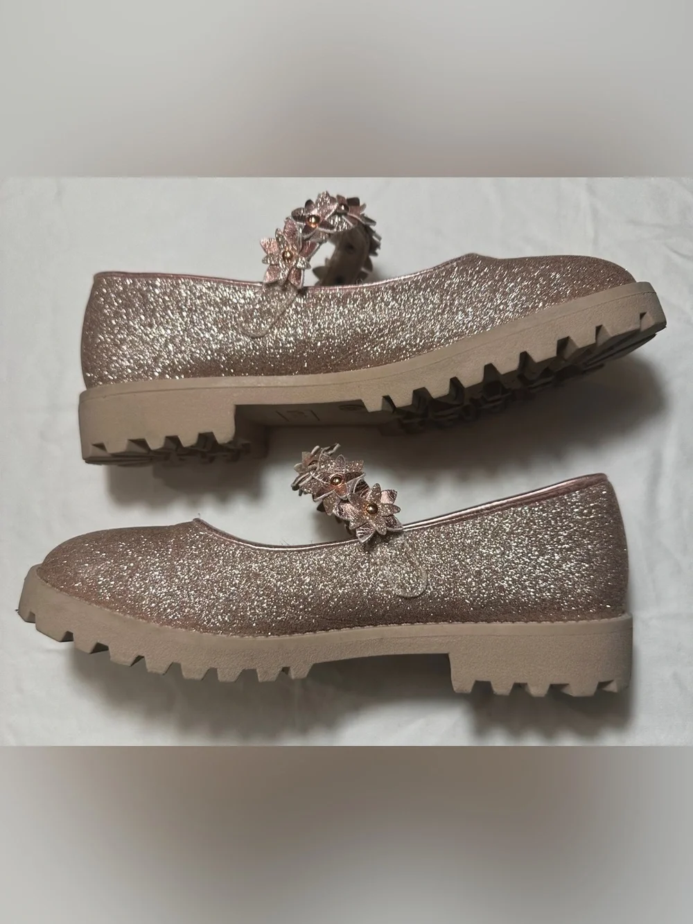 Rose Gold Glitter Mary Jane Shoes with Velcro floral strap. Size 3M
